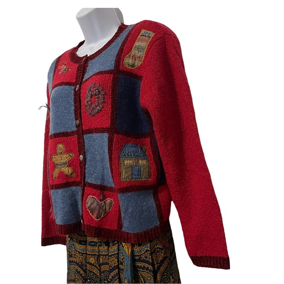 Koret City Blues Women's Sz Large Christmas Sweater Button Front Red Patchworks - Picture 6 of 12